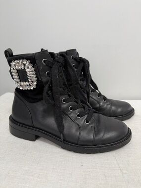Alex Marie Tialana black leather combat boots with side rhinestone buckle size 7